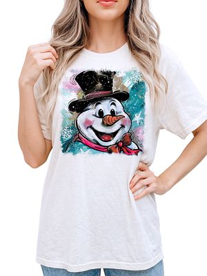 OrnamentallyYou Women's Brushstroke Glitter Snowman Merry Christmas Holiday Tee, White, XS