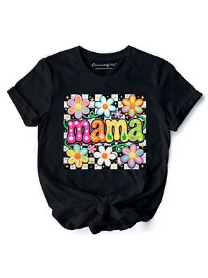 OrnamentallyYou Women's Retro Floral Mama Faux Yarn Mother's Day T-Shirt, Black, 3XL