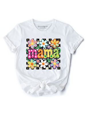 OrnamentallyYou Women's Retro Floral Mama Faux Yarn Mother's Day T-Shirt, White, 3XL