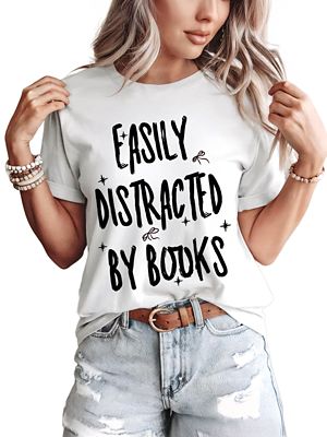 OrnamentallyYou Women's Easily Distracted By Books Funny Bookworm Reader Tee