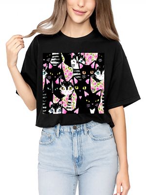 OrnamentallyYou Women's Floral Black and Pink Cats Kitten Collage Tee, 3XL