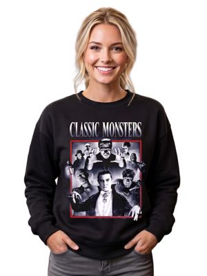 OrnamentallyYou Women's Classic Monsters Black White Retro Vintage Horror Sweatshirt, Small