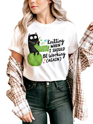 OrnamentallyYou Women's Knitting Black Cat Cute Funny Crafter Phrase Tee