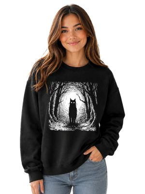 OrnamentallyYou Women's Haunted Forest Black Cat Halloween Night Sweatshirt