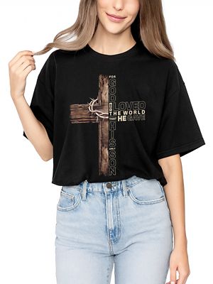 OrnamentallyYou Women's God Gave His Only Son Cross Christian John 3:16 Faith Tee, Black, Medium