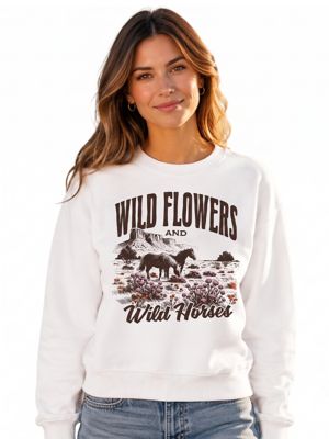 OrnamentallyYou Women's Wild Flowers and Wild Horses Retro Western Sweatshirt, White, 3XL