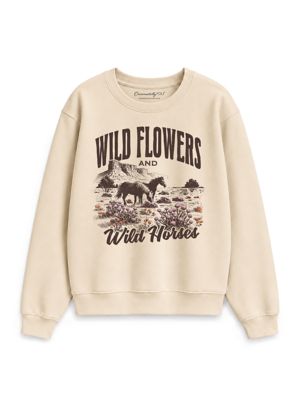 OrnamentallyYou Women's Wild Flowers and Wild Horses Retro Western Sweatshirt