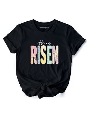OrnamentallyYou Women's He Is Risen Faux Embroidered Floral Christian T-Shirt