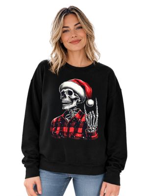 OrnamentallyYou Women's Buffalo Plaid Christmas Skeleton Holiday Sweatshirt