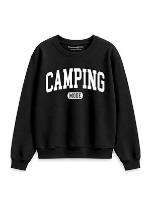 OrnamentallyYou Women's Camping Mode Varsity Minimalist Outdoors Sweatshirt, Black, Small