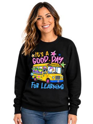 OrnamentallyYou Women's School Bus Good Day for Learning Back to School Sweatshirt, Black, 3XL