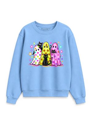 OrnamentallyYou Women's Colorful Neon Ghost Black Cat Halloween Sweatshirt