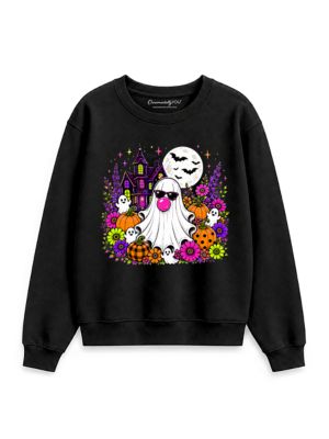 OrnamentallyYou Women's Bubblegum Ghost Haunted House Floral Halloween Sweatshirt, Black, XS