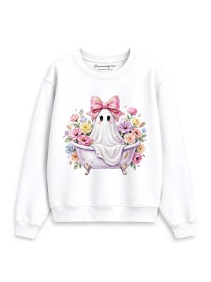 OrnamentallyYou Women's Pink Bow Bathtub Ghost Floral Coquette Halloween Sweatshirt, White, XL