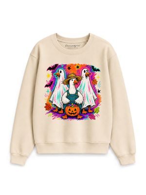 OrnamentallyYou Women's Trick or Treat Geese Halloween Ghost Costume Sweatshirt, Sand, XXL