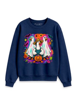OrnamentallyYou Women's Trick or Treat Geese Halloween Ghost Costume Sweatshirt, Navy Blue, XXL