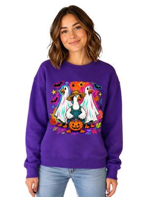OrnamentallyYou Women's Trick or Treat Geese Halloween Ghost Costume Sweatshirt, Purple, XXL