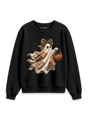 OrnamentallyYou Women's Patchwork Ghost Leopard Bow Halloween Sweatshirt, Black, 3XL
