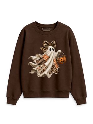 OrnamentallyYou Women's Patchwork Ghost Leopard Bow Halloween Sweatshirt, Small