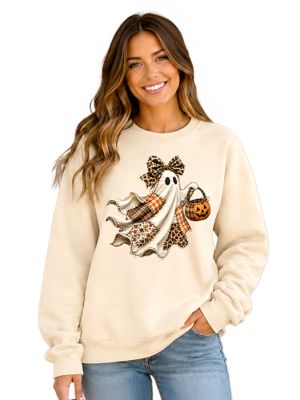 OrnamentallyYou Women's Patchwork Ghost Leopard Bow Halloween Sweatshirt, Sand, XXL