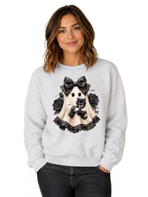 OrnamentallyYou Women's Gothic Ghost Black Cat Black Rose Coquette Halloween Sweatsh