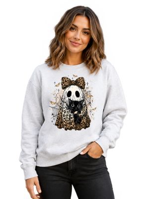 OrnamentallyYou Women's Leopard Bow Ghost Black Cat Halloween Sweatshirt