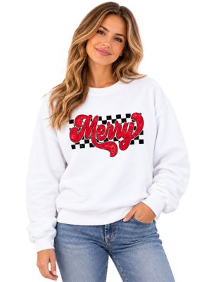 OrnamentallyYou Women's Merry Retro Christmas Checkered Holiday Sweatshirt