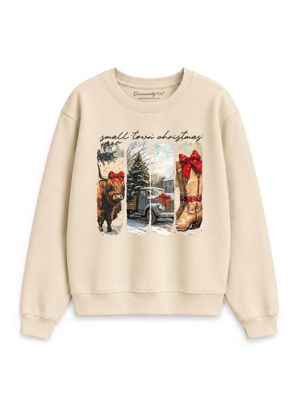 OrnamentallyYou Women's Small Town Christmas Highland Cow Western Holiday Sweatshirt, Sand, XL