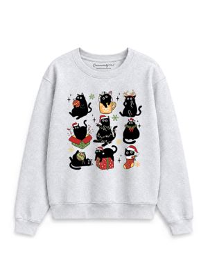 OrnamentallyYou Women's Christmas Black Cats Santa Hat Whimsical Sweatshirt