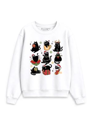 OrnamentallyYou Women's Christmas Black Cats Santa Hat Whimsical Sweatshirt, White, 3XL