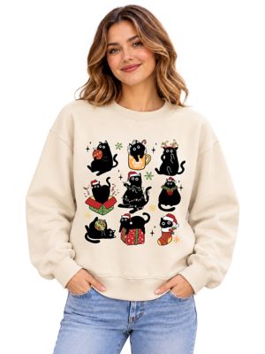 OrnamentallyYou Women's Christmas Black Cats Santa Hat Whimsical Sweatshirt, Sand, XXL