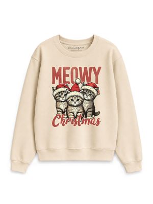 OrnamentallyYou Women's Meowy Christmas Baby Cat Santa Hat Holiday Sweatshirt