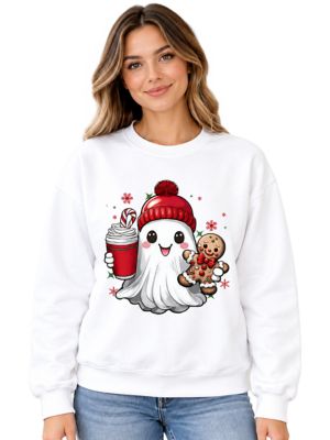 OrnamentallyYou Women's Cute Ghost Christmas Gingerbread Cocoa Holiday Sweatshirt