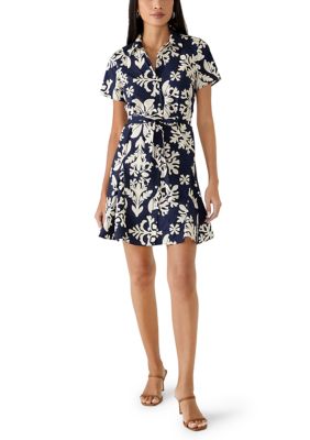 MSK Women's Petite Short Sleeve Button Collar Belted Short Dress, Navy Blue, PXL