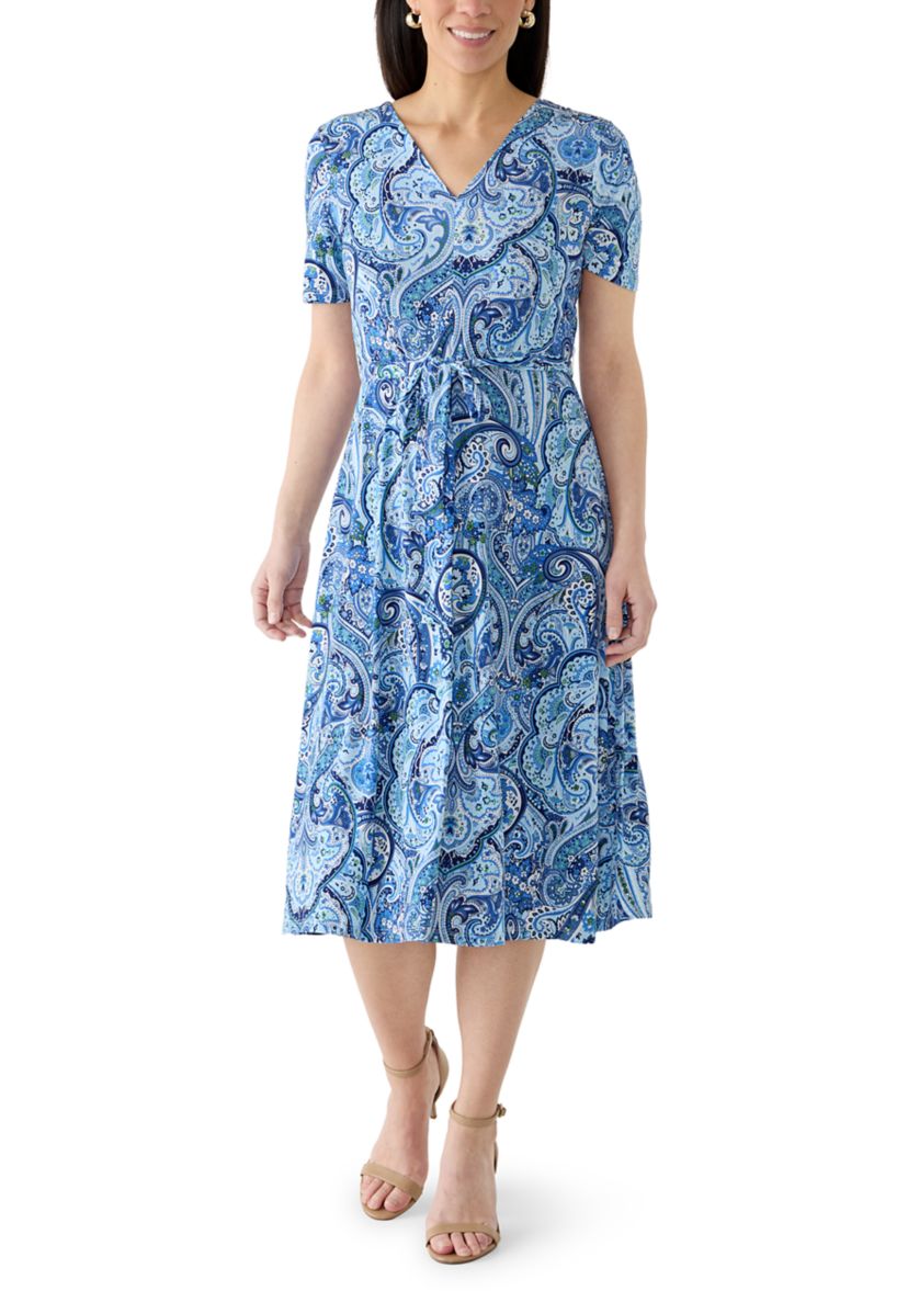 MSK Petite Printed V-Neck Short-Sleeve Midi Dress - Nantucket Breeze