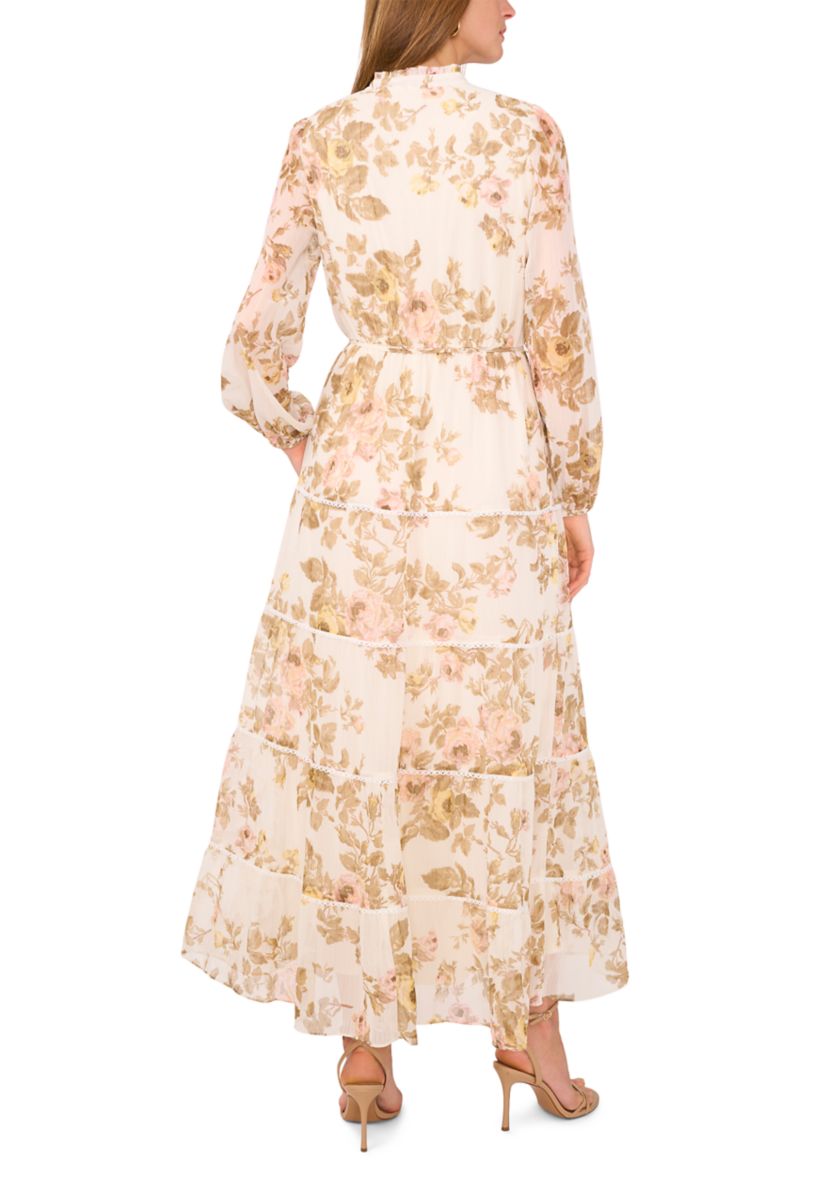 long sleeve pink dresses High-Slit Chiffon Bridesmaid Dress with Long Sleeves and Waist Pleating