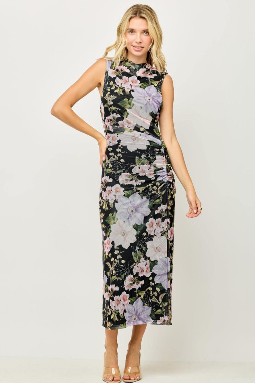 Beacon & Haven Women's Sleeveless Mech Side Ruched Midi Dress, Black, Large