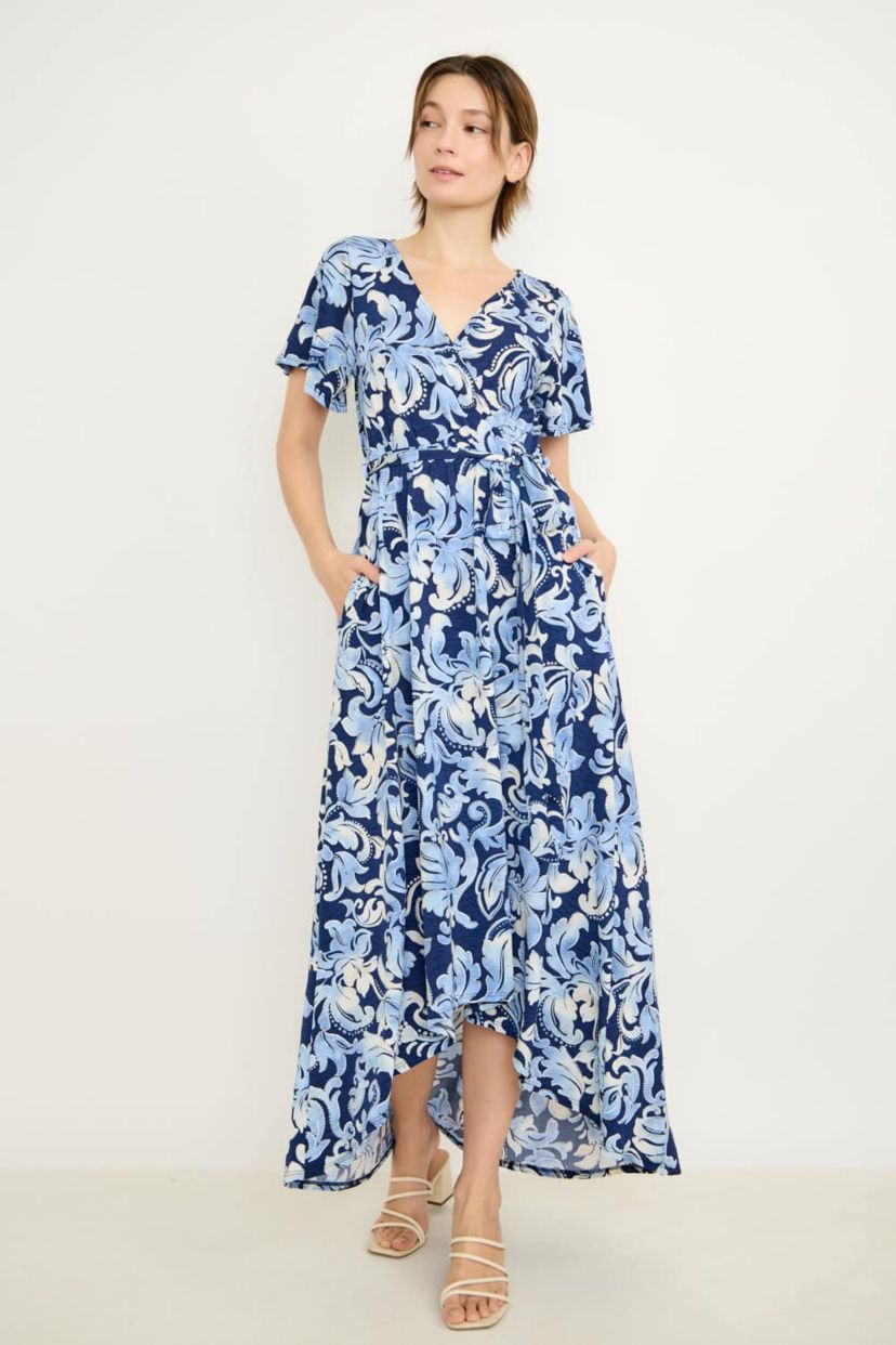 Beacon & Haven Women's Flutter Sleeve Faux-Wrap Midi Dress, Blue, Xs