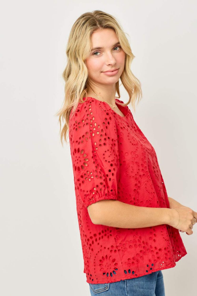 Puff Sleeve Eyelet Lace Blouse