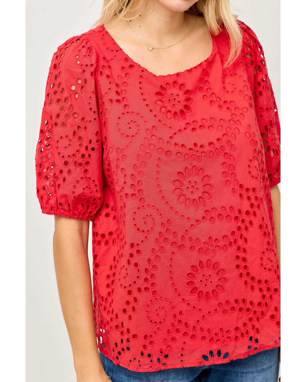 Puff Sleeve Eyelet Lace Blouse