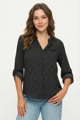 Beacon & Haven Women's Split Neck Roll-Tab Blouse