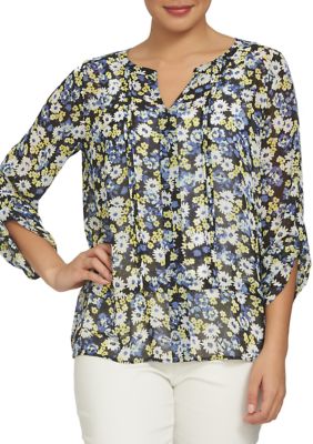 CHAUS Roll-Tab Split Neck Bouquet Pintuck Blouse