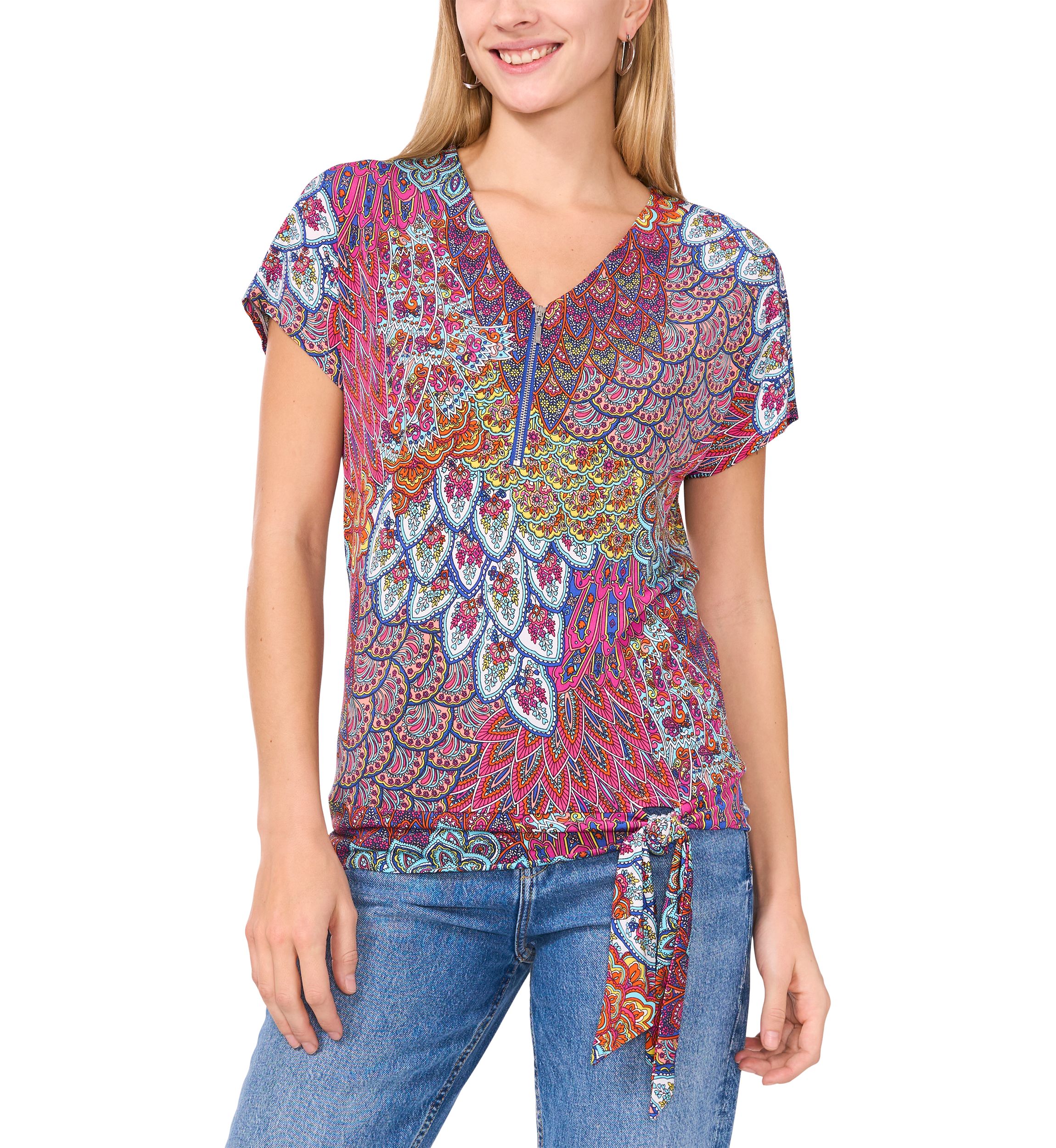 Womens Short Sleeve Zip Front Tie Hem Top 