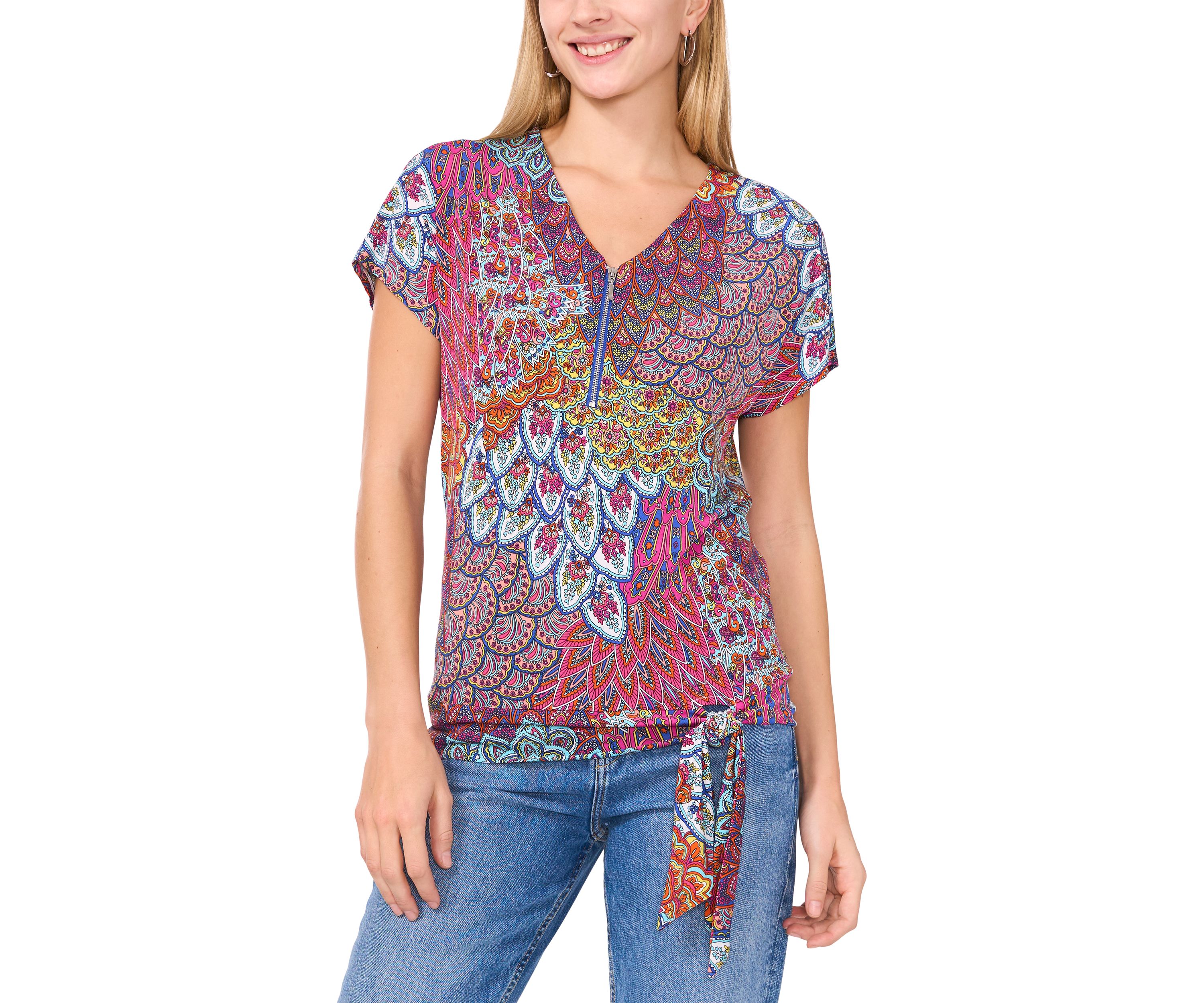 Womens Short Sleeve Zip Front Tie Hem Top 