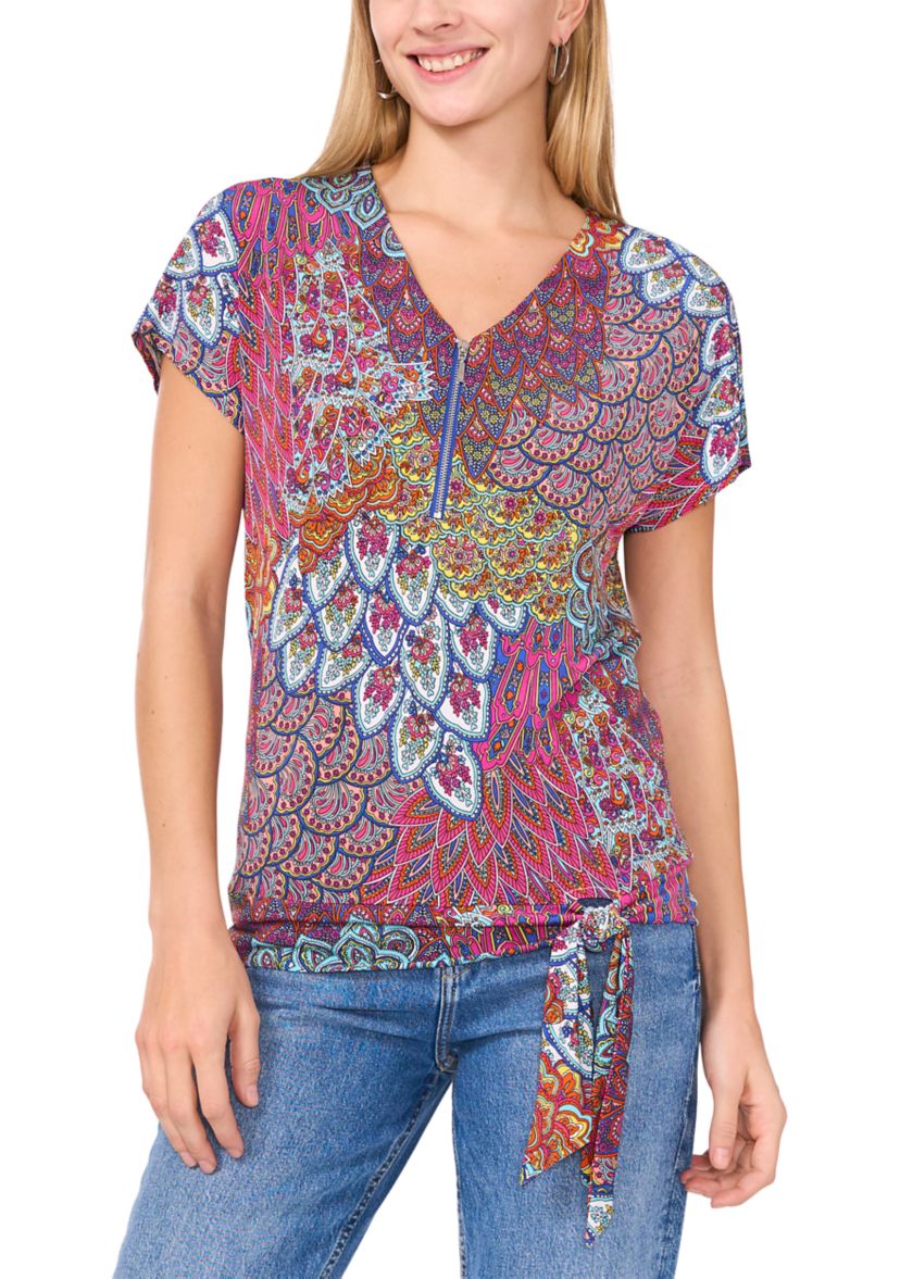 Womens Short Sleeve Zip Front Tie Hem Top 