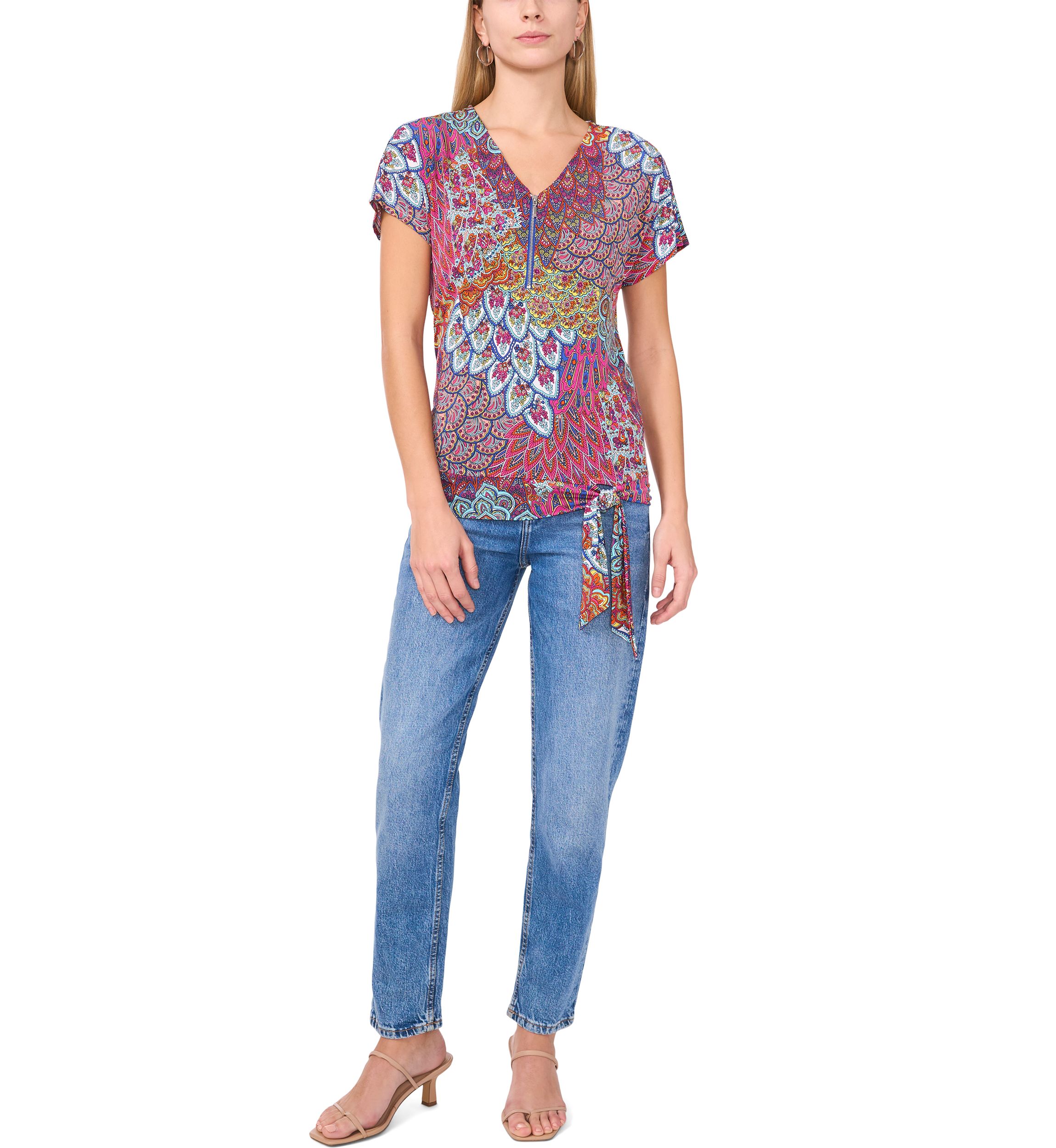 Womens Short Sleeve Zip Front Tie Hem Top 