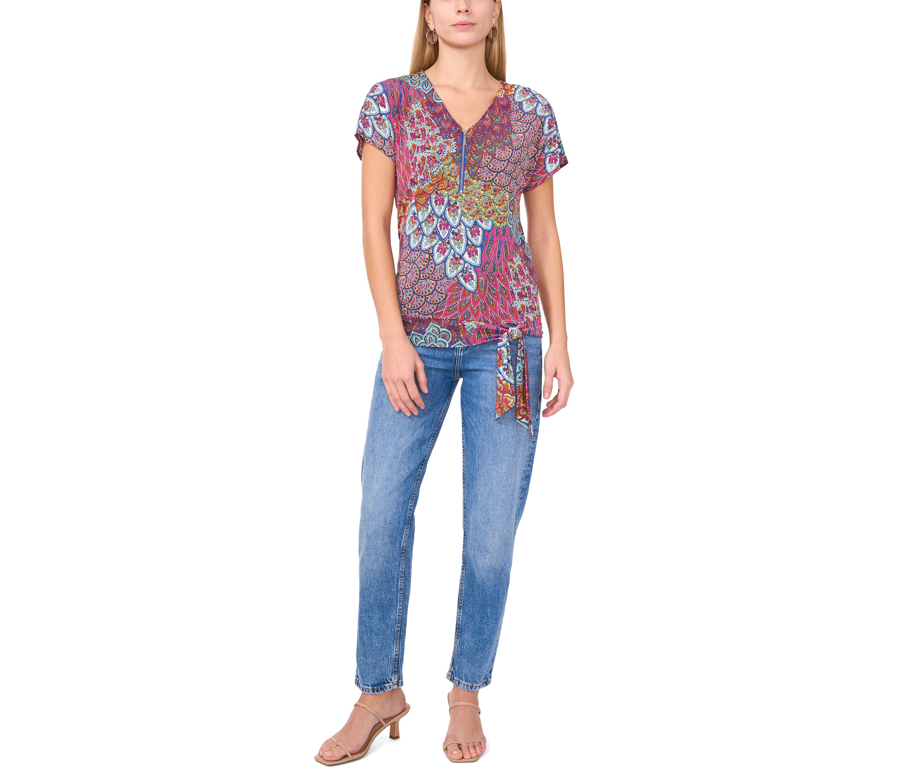 Womens Short Sleeve Zip Front Tie Hem Top 