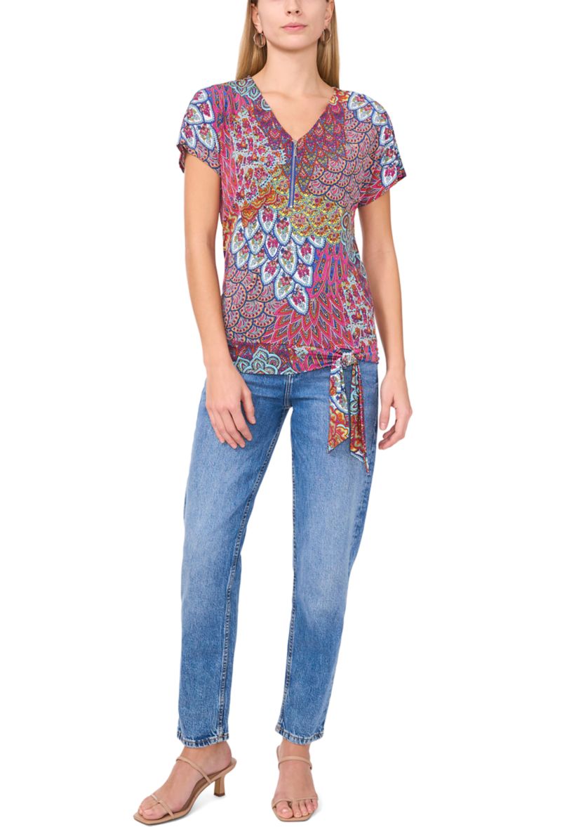 Womens Short Sleeve Zip Front Tie Hem Top 