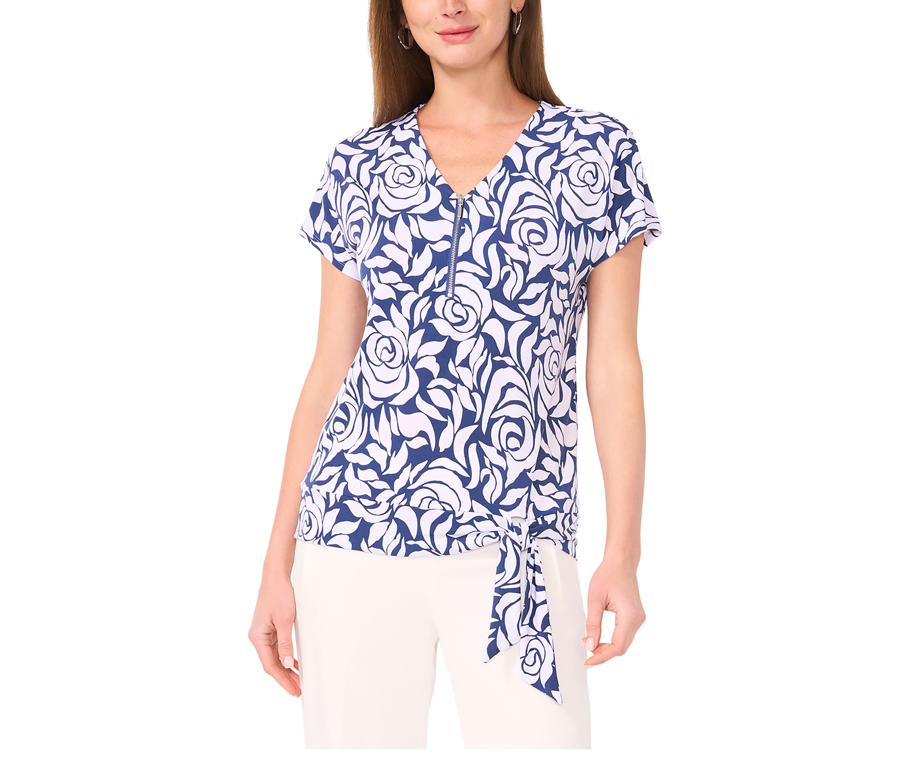 Womens Short Sleeve Zip Front Tie Hem Top