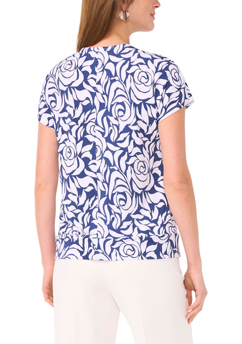 Womens Short Sleeve Zip Front Tie Hem Top